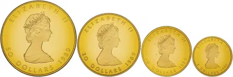 1989 Gold Proof 10th Anniversary of the Maple  Coin Sets Canada 4 Coins obverse designs