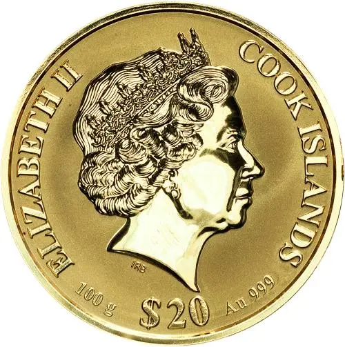 2021 Gold Reverse Proof 100 Gram Elizabeth II Westminister $20  Coin With Box with Cert Cook Islands obverse