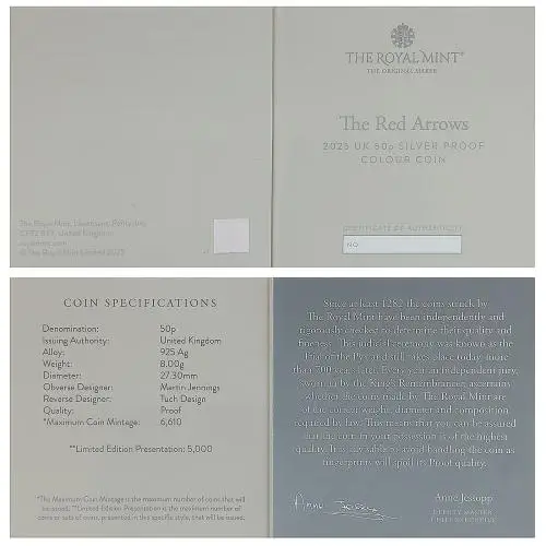 2025 The Red Arrows UK 50p Silver Proof Colour Coin Pre-Owned certificate
