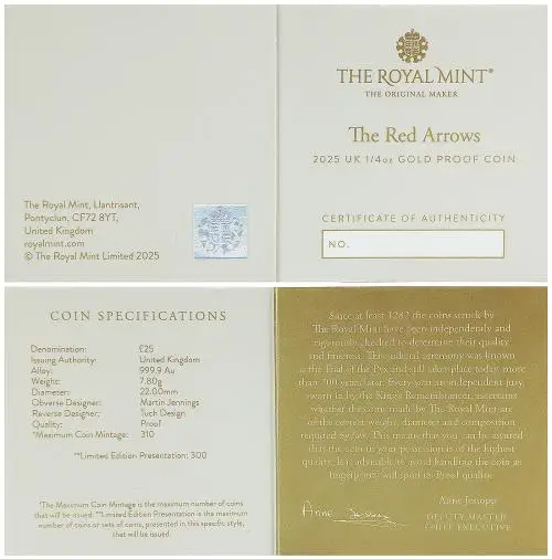 2025 The Red Arrows 1/4 Gold Proof Coin certificate