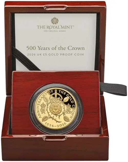2026 '500 Years of the Crown' Gold Proof £5 Coin box display