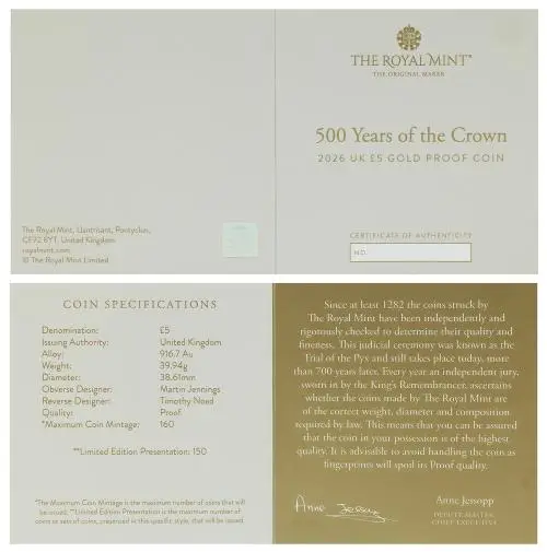 2026 '500 Years of the Crown' Gold Proof £5 Coin certificate