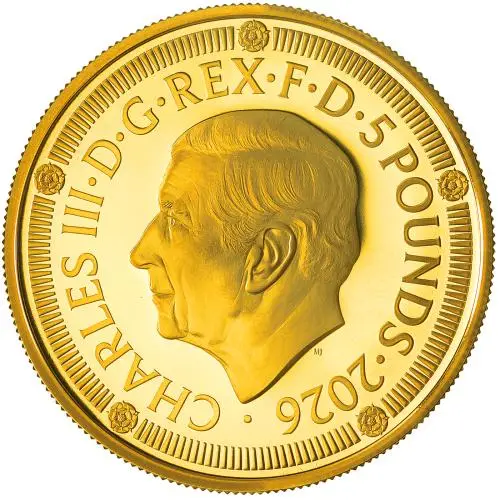 2026 '500 Years of the Crown' Gold Proof £5 Coin obverse