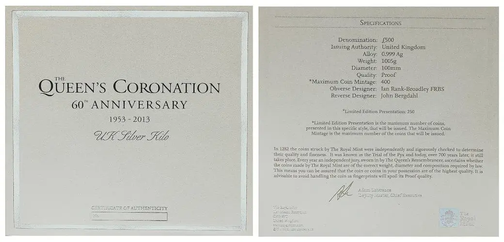 2013 Silver Proof 1 Kilogram Elizabeth II 60th Anniversary of the Coronation £500  Coin United Kingdom The Royal Mint certificate