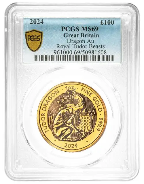 2024 Gold Bullion 1 Ounce Tudor Beasts Charles III Dragon Pound Sterling £100  Coin New United Kingdom The Royal Mint MS-69 reverse