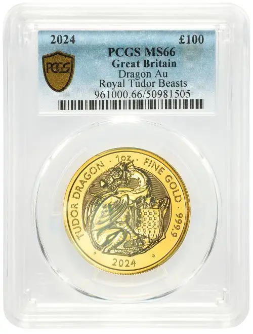2024 Gold Bullion 1 Ounce Tudor Beasts Charles III Dragon Pound Sterling £100 reverse
