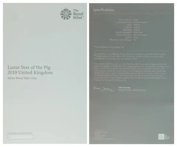 2019 Lunar "Year of the Pig" 1 kg Silver Proof Coin - Pre-Owned certificate