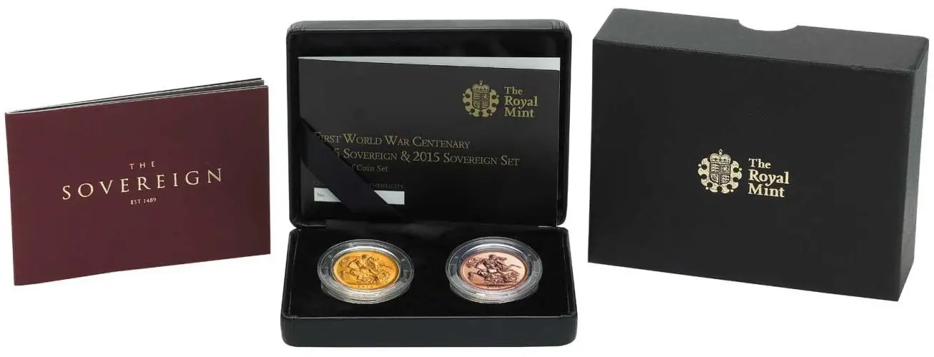 1915 - 2015 Gold Bullion Sovereign Centenary of the First World War  Coin Set With Cert With Box United Kingdom The Royal Mint 2 Coins box