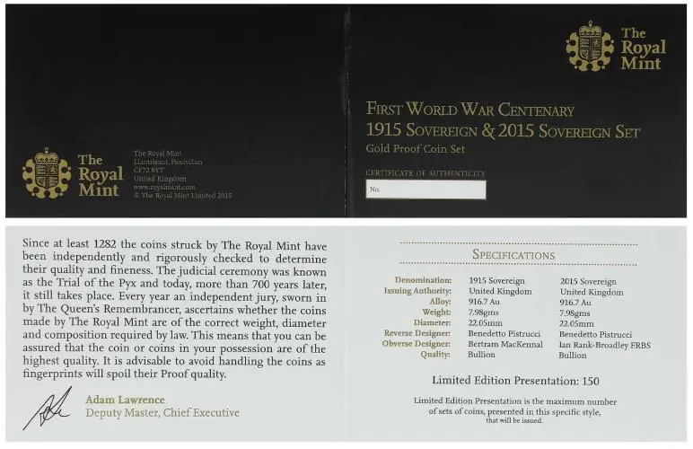 1915 - 2015 Gold Bullion Sovereign Centenary of the First World War  Coin Set With Cert With Box United Kingdom The Royal Mint 2 Coins certificate