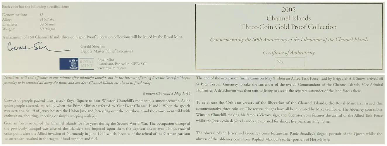 2005 Gold Proof Elizabeth II  Coin with Cert Channel Islands The Royal Mint 3 Coins certificate