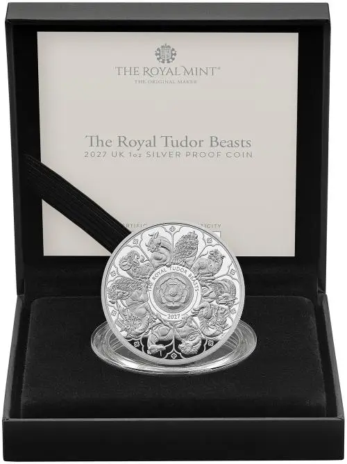 2027 Silver Proof 1 Ounce Tudor Beasts Charles III Completer Coin trm display