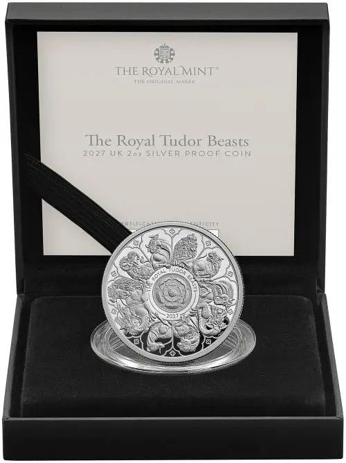 2027 Silver Proof 2 Ounce Tudor Beasts Charles III Completer Coin reverse box trm image