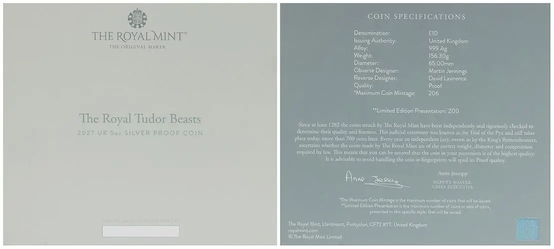 2027 Tudor Beasts Completer 5 oz Silver Proof Coin certificate