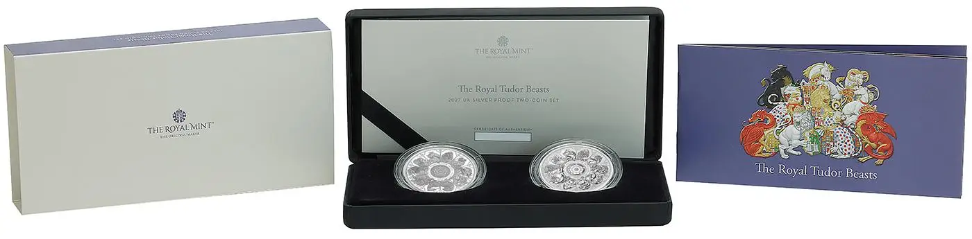 2027 Tudor Beasts Completer Silver Proof 2 Coin Set  display