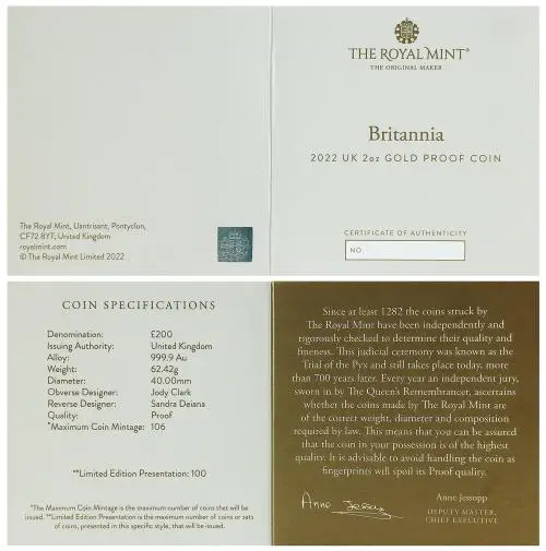 2022 Gold Proof 2 Ounce Britannia Elizabeth II Three Ages Of Women certificate