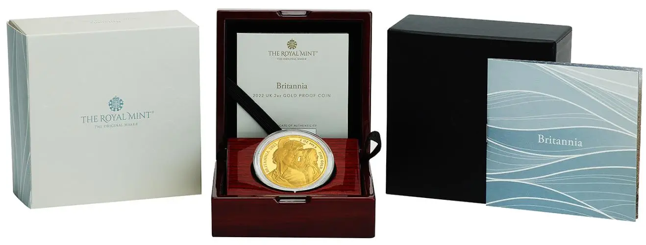 2022 Gold Proof 2 Ounce Britannia Elizabeth II Three Ages Of Women display