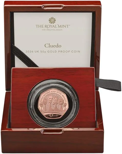 2026 Cluedo Gold Proof 50 Pence Coin display trm image