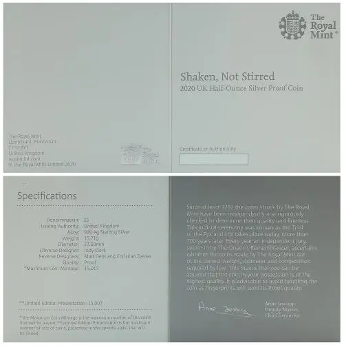 2020 James Bond 007 'Shaken Not Stirred' 0.5 oz Silver Proof Coin certificate