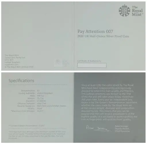  2020 James Bond 007 'Pay Attention' 0.5 oz Silver Proof Coin certificate