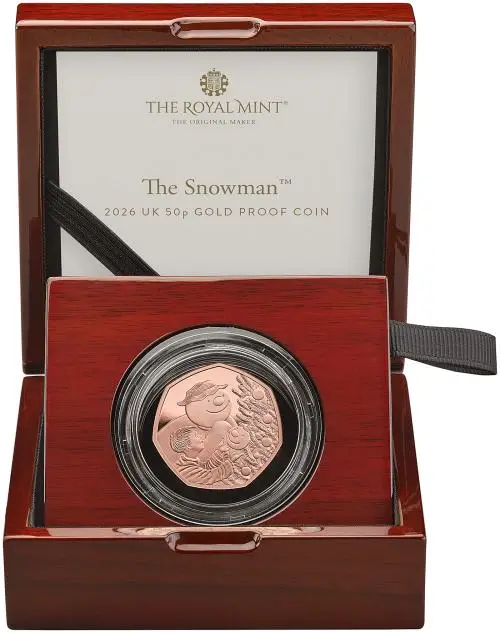 2026 The Snowman Gold Proof 50p Coin reverse display trm