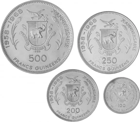 1968 Gold and Silver Proof 10th Anniversary of Independence  Coin With Box Guinea 8 Coins reverse silver designs