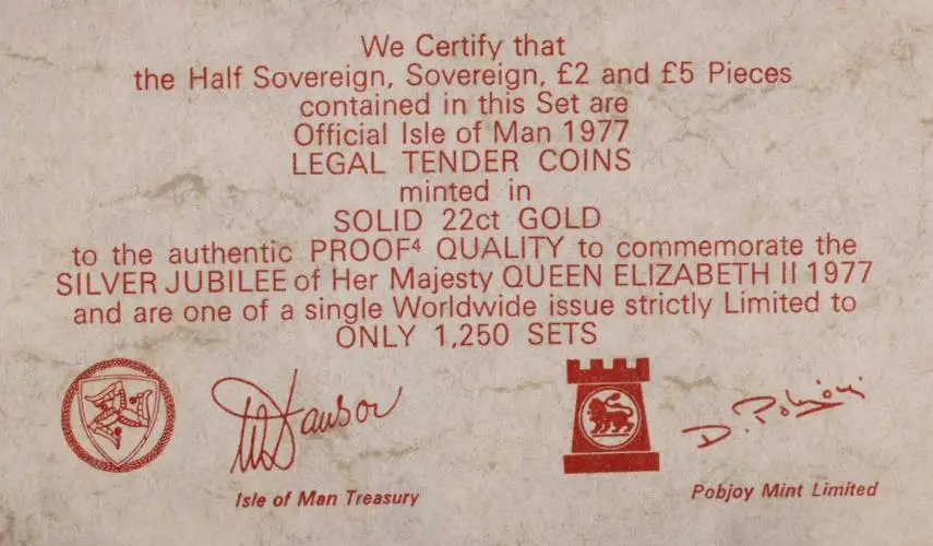 1977 Gold Proof Sovereign Elizabeth II Coin Set Isle of Man 4 Coins with cert