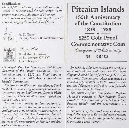 1988 Gold Proof 150th Anniversary of the Constitution $250  Coin Single Pitcairn Islands with cert