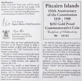 1988 Gold Proof 150th Anniversary of the Constitution $250  Coin Single Pitcairn Islands with cert