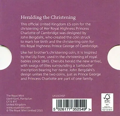 2015 UK Coin £5 / Crown Silver Proof The Christening of Princess Charlotte 21778