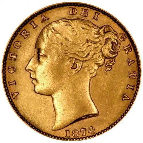 1874 Gold Sovereign Victoria Young Head Shield Melbourne Mint 25388