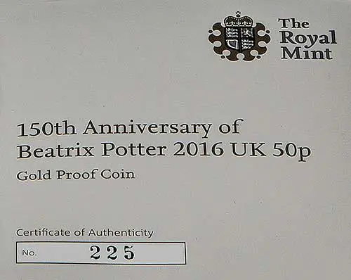 2016 UK Coin 50p Gold Proof Beatrix Potter - 150th Anniversary 20633