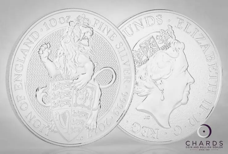 2017 Silver Bullion Ungraded 10 Ounce Queen's Beasts Lion of England  Coin Single Pre-Owned United Kingdom The Royal Mint reverse and obverse