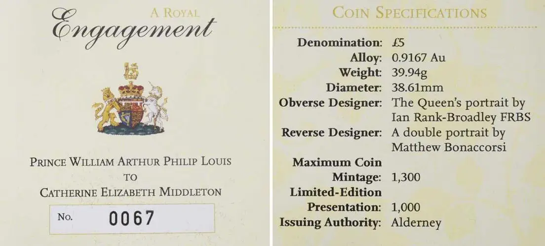 2010 - 2011   Gold Proof Royal Wedding - William and Kate £5  Coin Alderney The Royal Mint with cert