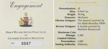 2010 - 2011   Gold Proof Royal Wedding - William and Kate £5  Coin Alderney The Royal Mint with cert