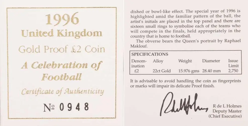 1996 Gold Proof Football £2 Royal Mint Coin with cert