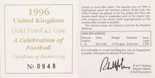 1996 Gold Proof Football £2 Royal Mint Coin with cert
