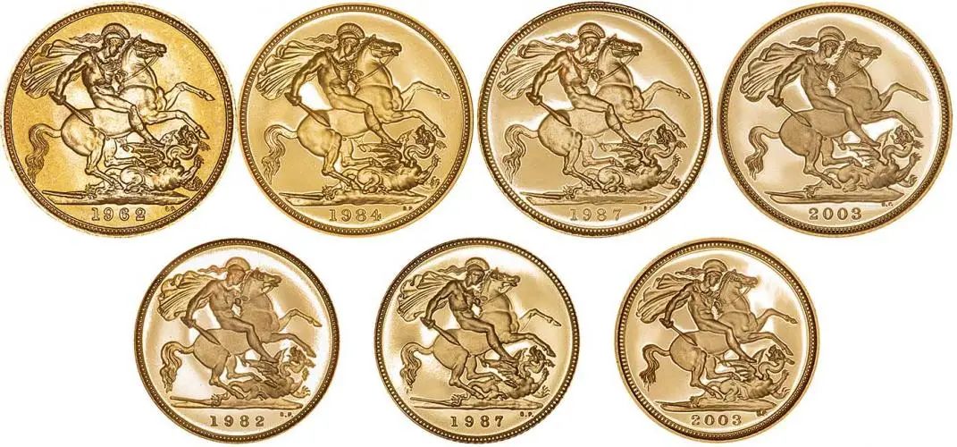 Gold Sovereign Elizabeth II Royal Portrait Collection 7 Coin Set Reverses