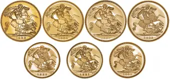Gold Sovereign Elizabeth II Royal Portrait Collection 7 Coin Set Reverses