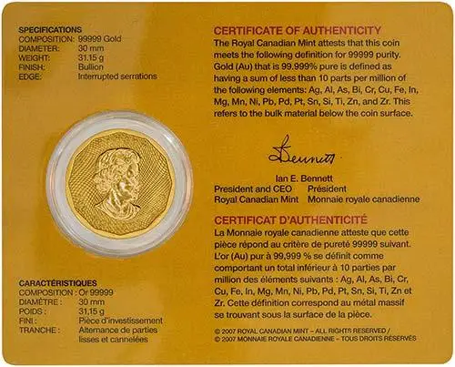 2008 1 oz Gold Coin Maple 99.999 In Card Bullion 24858