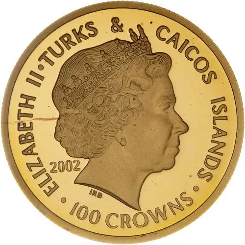 2002 Golden Jubilee Turks and Caicos Gold Proof 1 oz Coin obverse
