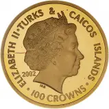2002 Golden Jubilee Turks and Caicos Gold Proof 1 oz Coin obverse