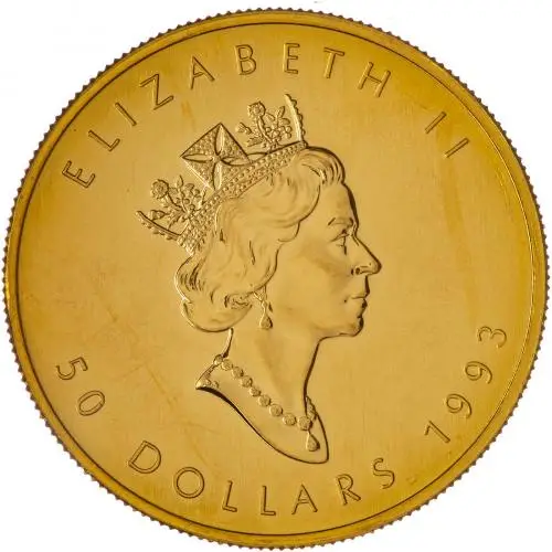 1993 Gold Uncirculated 1 Ounce Maple Coin Single Canada Royal Canadian Mint Obverse