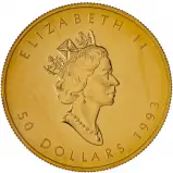 1993 Gold Uncirculated 1 Ounce Maple Coin Single Canada Royal Canadian Mint Obverse