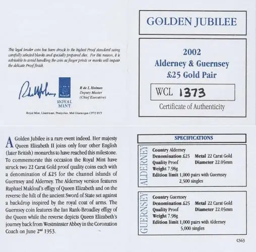 2002 Golden Jubilee Alderney and Guernsey Gold Proof 2-Coin Set cert and specs