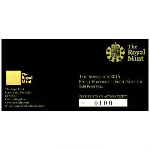 2015 Gold Full Sovereign Elizabeth II Proof Fifth Portrait 21024