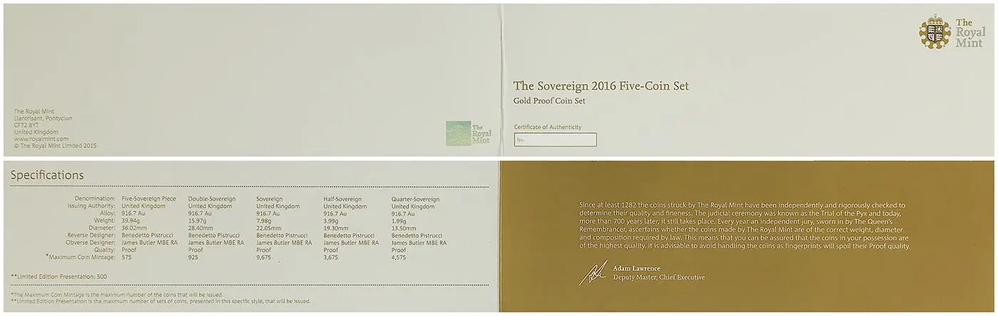 2016 Gold Sovereign Queen Elizabeth II 90th Birthday Portrait 5 Coin Set - Pre-Owned certificate close up