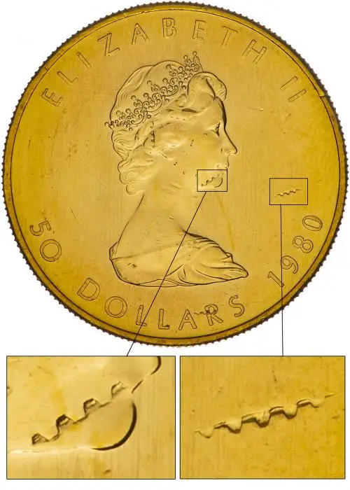 1980 Gold Uncirculated 1 Ounce Maple  Coin Single Canada Royal Canadian Mint with overlays showing minting error