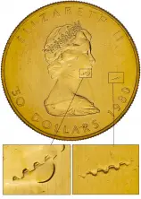 1980 Gold Uncirculated 1 Ounce Maple  Coin Single Canada Royal Canadian Mint with overlays showing minting error