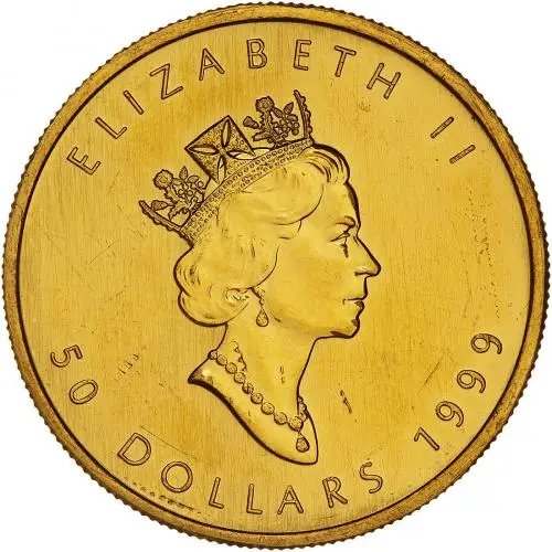 1999 Gold Uncirculated 1 Ounce Maple  Coin Single Canada Royal Canadian Mint 20 Years Privy Obverse