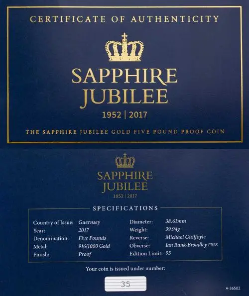2017 Gold Proof Sapphire Jubilee  Coin Single Guernsey certificate